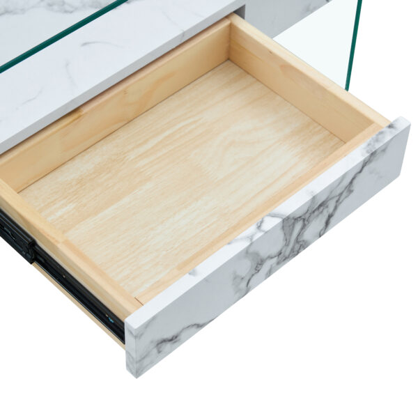 dd406b2e3e9d4961852fec54e8f25e27_e61fbc46c550d9d45f80bd1071ca9bdf 43.3 Inch Modern Two-Tier Coffee Table - Clear Tempered Glass and White Marble Texture, Multifunctional Storage Design.The bottom tier includes a drawer.Can be used as a coffee table,side table,etc.