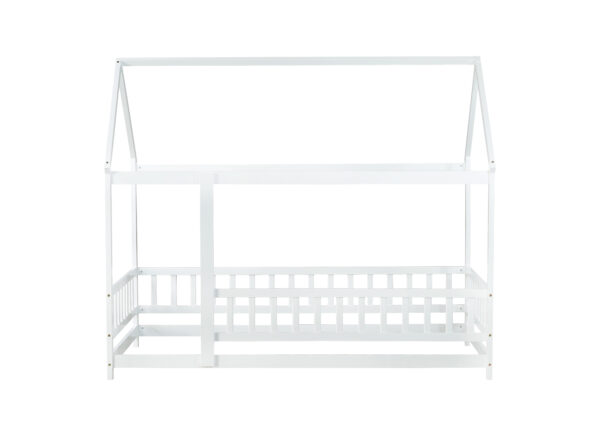 Twin Size House Floor Wooden Bed with Roof Frame,Safety Guardrails,White