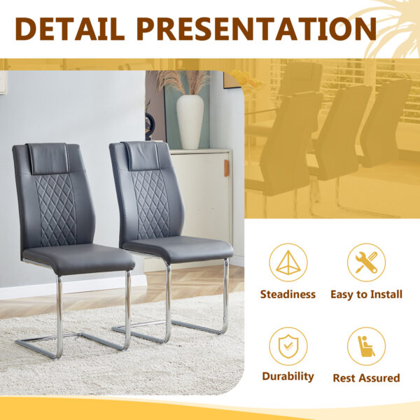 dd5d82f619d04cc39b0385ce5011b050_8929059227cf9eff9b518f2f686de307 Table and chair set.71 * 35.4 inch rectangular dining table.Tempered Glass Tabletop,Silver 7-shaped Metal Table Legs.Paried With 8 Dark Gray High-quality PU Chairs With Arched Metal Legs.