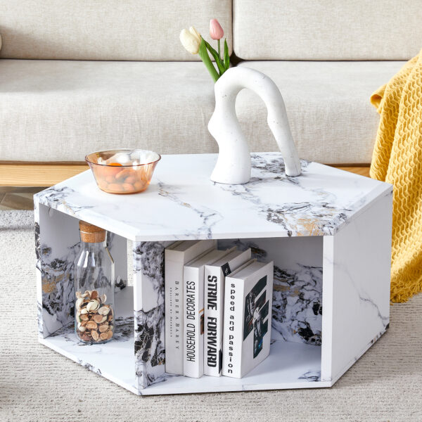 dd81bd8102f64098a39ac033db623edf_6cab2ef3fd1dadf0c8cecacccb0c4a3f Hexagonal MDF coffee table, characteristic pattern stickers, multi-hole design to give more storage space, simple and convenient design makes it suitable for all kinds of style scenes.