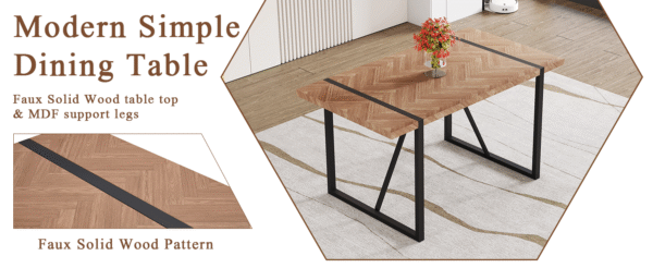 Table and chair set.A retro rectangular dining table with a wood color fishbone textured top and black metal legs.Paired With 6 Brown technology fabric chairs with Featuring arched black legs.