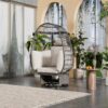 TREXM Outdoor Swivel Chair with Cushions, Rattan Egg Patio Chair with Rocking Function for Balcony, Poolside and Garden (Grey Wicker + Beige Cushion)