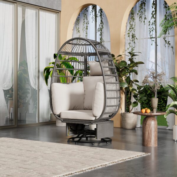 TREXM Outdoor Swivel Chair with Cushions, Rattan Egg Patio Chair with Rocking Function for Balcony, Poolside and Garden (Grey Wicker + Beige Cushion)