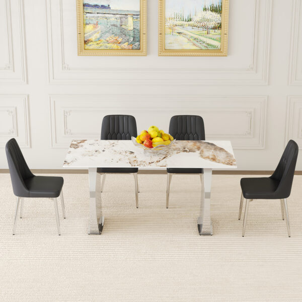 dd953c70f6904d9da25dbeb18789f665_09d92b56afd280b86955a1add035884e Table and chair set.63*31.4 Inch Pandora Patterned Sintered Stone Dining Table Set - 4 Black Chairs With Silver Metal Legs.Modern Light Luxury.Perfect For Dinner Room,Meeting Room,Kitchen,etc.