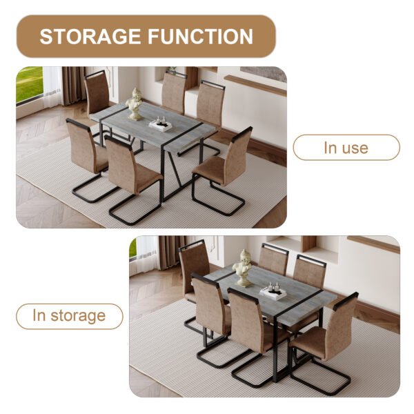 dd9815c50a964ef58206aaec421155ae_f4ce9da7d8e483fd7a5d282c6c100dc4 Table and chair set. Modern minimalist grey marble textured MDF dining table with metal frame.Paired with 6 brown technology fabric chairs with Featuring arched black legs.