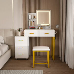 Makeup Vanity with LED Lights&3 Color and Power Outlet Makeup Vanity Table with 5 Drawers with Sturdy Metal Leg and Metal Chair Dressing Table for Bedroom Dressing Room (White)