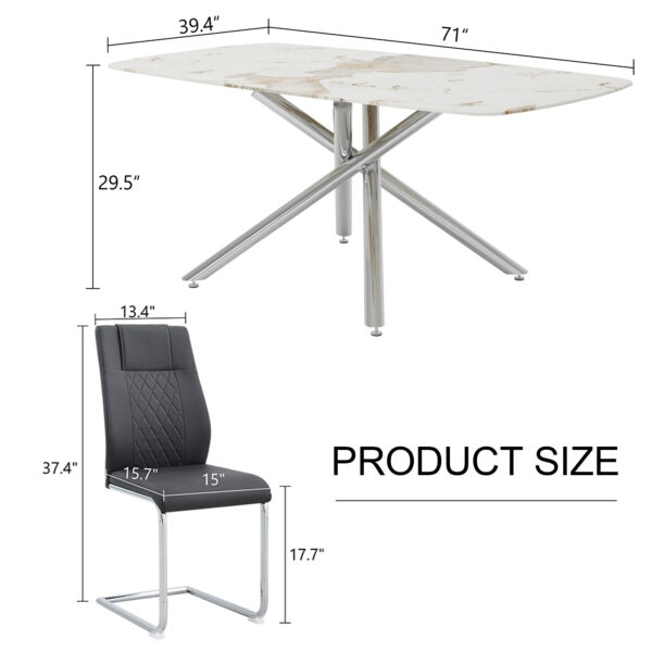 dda597b115334a018005952c4e33e925_d8a65e3a6ea15e10b1e813cf11fea70c Table and chair set.Modern Luxurious white Marble-Patterned Tempered Glass Dining Table with 6 Chairs.Single fork silver metal table legs.Black high-quality PU dining chairs with silver metal legs.