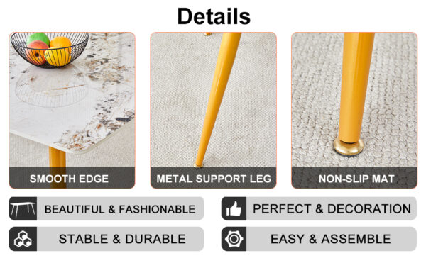 ddaa72cb4f794794a36bf7ad70c36634_579bd47353245031573679993a10ae06 Modern minimalist dining table. White imitation marble pattern SINTERED STONE desktop with golden metal legs.62.2"*34.6"*30" F-001