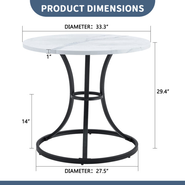 ddba5602d0494569b8d69ed52e96b148_a1b3e33b11cdfee8f4cd56cd08ddf2bd A Modern Minimalist Circular Dining Table With A Diameter Of 33.3 Inches, An Elegant And Practical Choice.White Marble Textured Pattern Desktop, Paired With Uniquely Shaped Metal Leg.