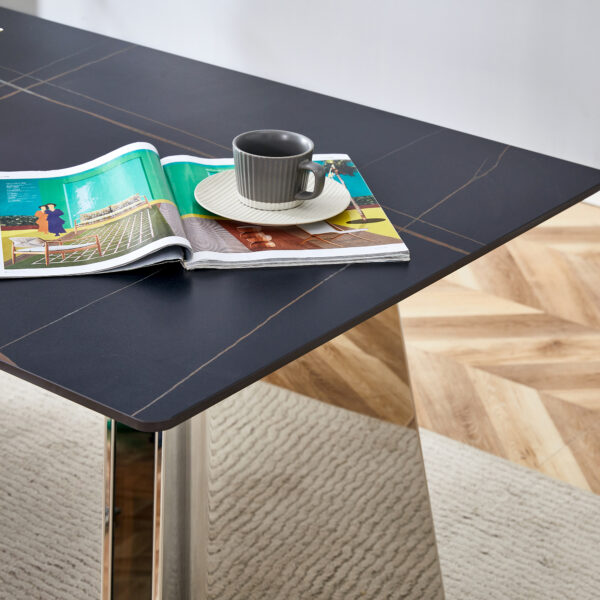 ddd1cdd6c6474fb79a8d417c6f3e81e3_75e50bc0d61949ac4afba0855b8858bb 63"x31.5x30" Black Marble-Patterned Slab Dining Table with Stainless Steel Butterfly Legs.The tabletop is designed to be scratch and heat resistant.Slabs Tabletop,Stainless Steels Legs.