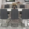 Table and chair set.Modern Luxurious white Marble-Patterned Tempered Glass Dining Table with 8 Chairs.Single fork silver metal table legs.Dark Gray PU dining chairs with silver metal legs.