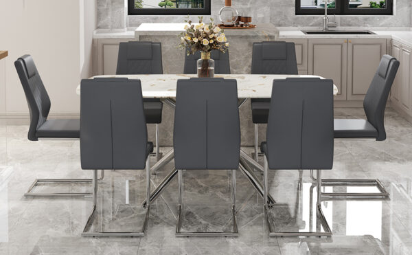 de22db34b16546c0b48a83297676581c_c2e41cb8ca4cd2999750fdd504ec55ab Table and chair set.Modern Luxurious white Marble-Patterned Tempered Glass Dining Table with 8 Chairs.Single fork silver metal table legs.Dark Gray PU dining chairs with silver metal legs.