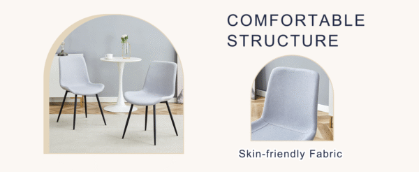 de2db6b0e3fe46b2a4e969baf615997d_915e5d885c6c9c6aef689d96ea5debb3 Table and chair set.A minimalist retro rectangular dining table with a textured top and black metal legs.Paired With 4 Light Gray Linen-Cotton Dining Chairs With Curved Widened Cushion Design.