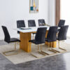Table and chair set.Large modern rectangular table with 0.4 inch patterned glass tabletop and large MDF table legs.Comes with 8 chairs with faux leather cushioned seats and golden metal legs.
