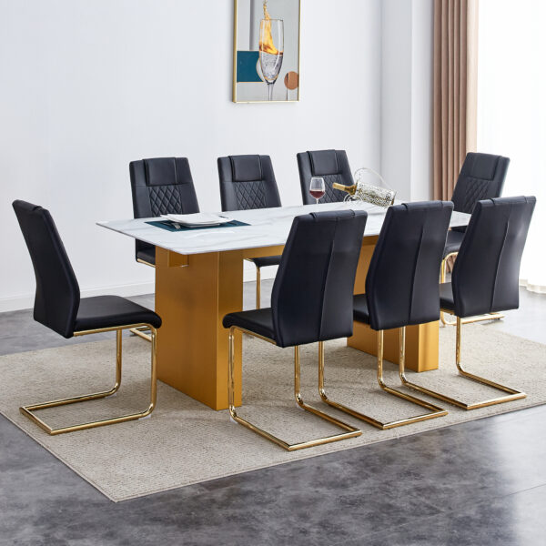 de2f87bd05c64b63942a83f26aec2f3d_a4ceb8d17a0e222c8b553081d3e51607 Table and chair set.Large modern rectangular table with 0.4 inch patterned glass tabletop and large MDF table legs.Comes with 8 chairs with faux leather cushioned seats and golden metal legs.