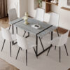 Table and chair set. Modern minimalist grey marble textured MDF dining table with metal frame. Comes with 6 chairs with PU cushions and black metal legs.