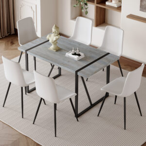 Table and chair set. Modern minimalist grey marble textured MDF dining table with metal frame. Comes with 6 chairs with PU cushions and black metal legs.