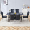 Table and chair set.63"x31.5x30" Black Marble-Patterned Slabs Tabletop with Stainless Steel Butterfly Legs.Paired with 6 Black PU dining chairs with a vertical stripe design on the backrest.