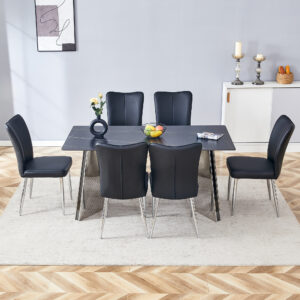 Table and chair set.63"x31.5x30" Black Marble-Patterned Slabs Tabletop with Stainless Steel Butterfly Legs.Paired with 6 Black PU dining chairs with a vertical stripe design on the backrest.