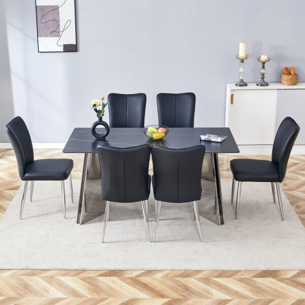 de65deb7811a4aa992be6d2427bffeac_ae7e93f35d32610e7f9dcc8fa657f9ce Table and chair set.63"x31.5x30" Black Marble-Patterned Slabs Tabletop with Stainless Steel Butterfly Legs.Paired with 6 Black PU dining chairs with a vertical stripe design on the backrest.