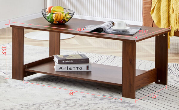 de7a4a263f2e4ebe827ae0710cd0b1bd_20231011_cdb6f55c3bb66a7ed755380cf9c30c4c Modern and practical walnut textured coffee tables , tea tables. The double layered coffee table is made of MDF material. Suitable for living room 43.3"*21.6"*16.5" CT-16
