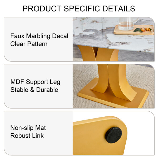 Table and chair set.71"x35.4"x30" Luxurious Pandora Patterned Glass Dining Tabletop with Golden Back To Back C-Shaped MDF Legs.Paried With 6 Black High-quality PU Chairs With Arched Metal Legs.