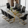 Table and chair set.Modern Luxurious Transparent Tempered Glass Dining Table Set with 8 Chairs.Single Fork Golden Metal Table Legs.Black high-quality PU dining chairs with golden metal legs.