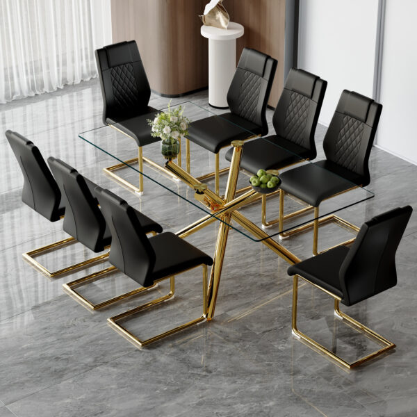 dea1a459b3ab4add962a8aae2ba5cc3a_49076fed0667b6110626925a2e7abe33 Table and chair set.Modern Luxurious Transparent Tempered Glass Dining Table Set with 8 Chairs.Single Fork Golden Metal Table Legs.Black high-quality PU dining chairs with golden metal legs.