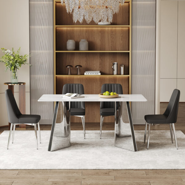 deb5d28aada84ea9b802b789064751fc_d031260740678f0cefa280f3a9b44b21 Table and chair set.63"x31.5x30" Luxurious Snow Mountain Patterned Sintered Stone Table with Silver Metal Butterfly Legs.Paired With 4 Black Chairs With Silver Metal Legs.Modern Light Luxury.