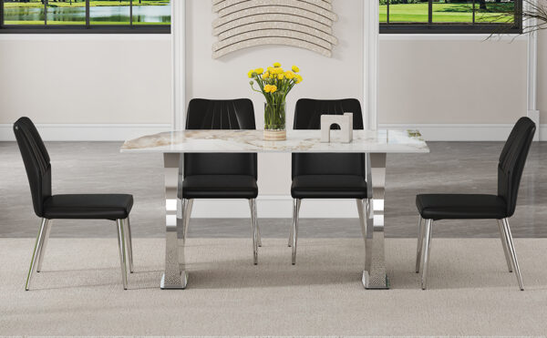 ded88fb091f64e9e89dc22a824b76398_2f3cda526e31c4029aaef83c7283bc0c Table and chair set.63*31.4 Inch Pandora Patterned Sintered Stone Dining Table Set - 4 Shell Textured Black Chairs, Modern Light Luxury.Perfect For Dinner Room,Meeting Room,Kitchen,etc.