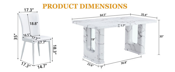df1c43c9d2ef49a1b7e67547d635255c_16dddda5d2ea36aa29b4422a6eabf078 Table and chair set.64.5x35.4 Inch Stylish White Marble Textured Dining Table.Paried With 4 White PU Chairs with a vertical stripe design on the backrest.Create Your Exclusive Low-Key Luxury Space.