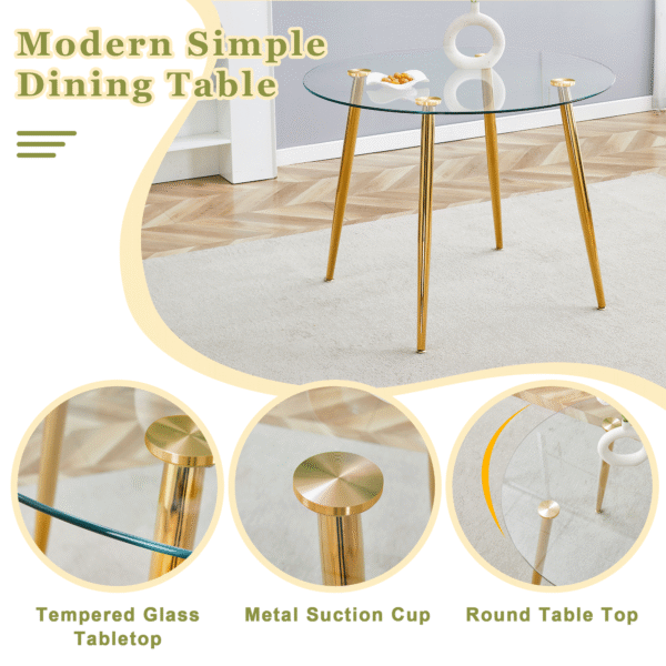 df4050c9e07b4099a033ce1df6245df3_fed3795ed744cf7042f5f3c5e1a06147 A modern minimalist style round transparent tempered glass table with gold metal legs, paired with 4 modern PU leather high-back dining chairs, bring a luxurious experience.