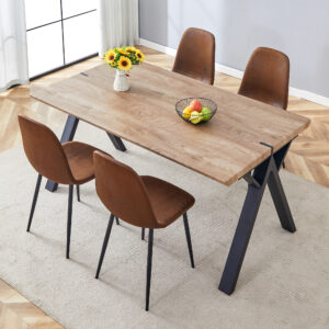 Table and chair set.63"x35.4" Wood-Textured MDF Dining Table with Black A-Frame Legs.Paired with 4 Brown Technology Fabric Round Corner Dining Chair.Density Board Sticker,Iron Pipe Spraying,