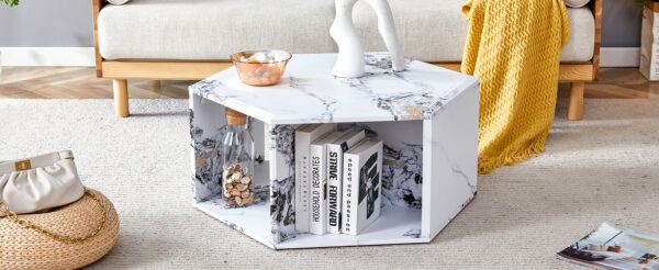 df80181319fc44938258e102a8c72f85_c807cb67f58954990ce6af4e80b0d706 Hexagonal MDF coffee table, characteristic pattern stickers, multi-hole design to give more storage space, simple and convenient design makes it suitable for all kinds of style scenes.