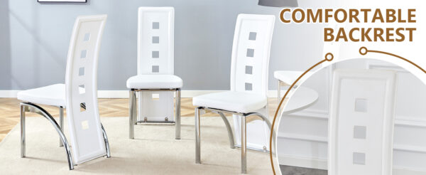 df80221d1def4362b2a9060406cc8946_186193bb210e13f9d5b445ba580dc94e Table and chair set.63"*35.4" White Imitation Marble Pattern MDF Dining Table Set - 6 PU Chair With White Saddleback, Geometric Pattern Backrest,Silver Curved Metal Leg.Suitable For Various Scenes.