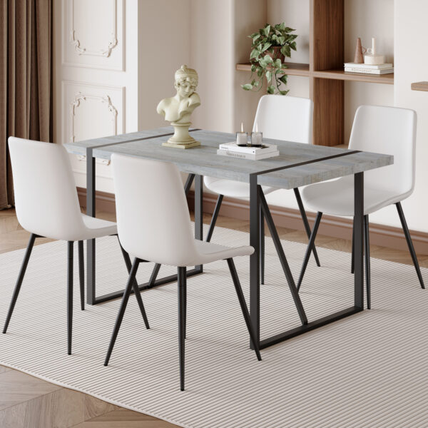 dfb5de9488d34726ab0ef45bbf5d02e9_a49633160dca8814286e8408e7e22568 Table and chair set. Modern minimalist grey marble textured MDF dining table with metal frame. Comes with chairs with 4 PU cushions and black metal legs.