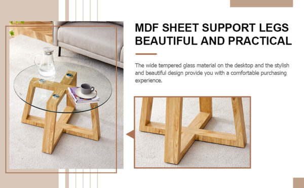 Modern practical circular coffee tables. Made of transparent tempered glass tabletop and wood colored MDF material. Suitable for living rooms and bedrooms.31.5"*31.5"*17.7"