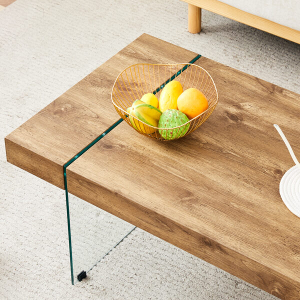 dfd63e0c9bef4f70a77b613bcc9ca76f_d4ee546f7db50999e158f47be02c7819 43.3"x23.6" Wood colored texture sticker MDF Coffee Table with Tempered glass legs.Suitable for Living Room.It can be used not only as a coffee table but also as a side table or display stand.