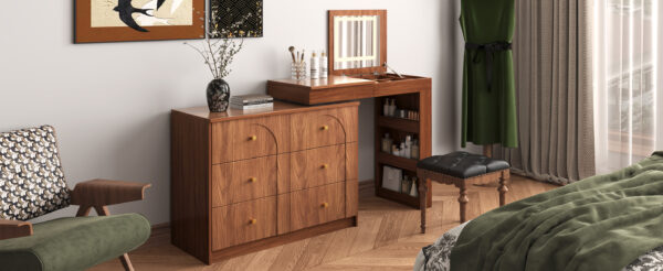 Vanity Desk with Mirror and Lights, Makeup Vanity Table with Flip-Top Tabletop and Storage 7 Drawers, 9 Compartments, 3 Shelves, 3 Color Modes Adjustable Makeup Table for Bedroom, Walnut