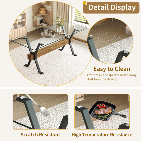 dfe3019acf134b1c93c1d11d6b62cb12_b3d038c79bf4200f4eb01c7172b78fd2 Table and chair set.79"x31.5" Inch Tempered Glass Tabletop With X-shaped Black Metal Table Legs,Wood Grain Textured MDF Crossbeam.Paired With 10 Black PU Dining Chairs with Walnut Color Metal Leg.
