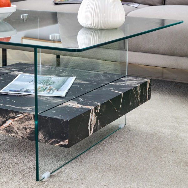 dfefd47e791842d1a733e2a6560fb7e2_40193e1294a23cbd22ccef9956f696e0 31.4 Inch Modern Two-Tier Square Coffee Table - An Elegant Combination of Clear Glass and Black Marble Pattern Sticker.It can be used as a coffee table,a side table or a display stand.
