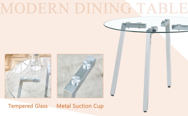 e0023701f04847b68c5493cf50f0d8fa_d7e15a467275469f6bcd0d34e670d35d Table and chair set.Modern circular transparent tempered glass table, tempered glass tabletop, silver metal table legs.A Set of 4 Black PU Comfort Dining Chairs with extended backrest.