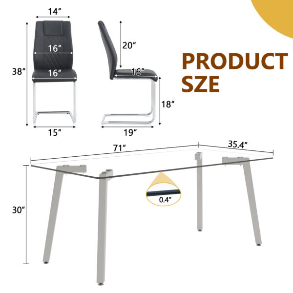 e00442459e59406eb040f9bb2bab77ce_c4dd930d07c8a0bc9300ad92ba9b0437 Table and chair set.71 * 35.4 inch rectangular dining table.Tempered Glass Tabletop,Silver 7-shaped Metal Table Legs.Paried With 6 Black High-quality PU Chairs With Arched Metal Legs.