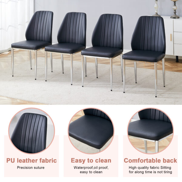 e0136cc4d6a0452ca7054ab69c0746a7_42c9c378f5a6dab7af6deb17953aa65b Set of Four Black PU Comfort Dining Chairs (17.7"x25").Dining chair with extended backrest,BLACK PU,Silver metal legs,Suitable for various places such as family restaurants, hotels, coffee shops,etc.