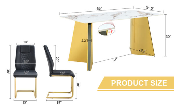 e0357c9bd09e4a18a3a7504c5d18bed8_db2a3df402d7eb83333a3291c5b196de Table and chair set.63"x31.5x30" Luxurious Cold Jade Patterned Sintered Stone Dining Table with Golden Stainless Steel Butterfly Legs.Paried With 4 Black High-quality PU Chairs With Arched Metal Legs.