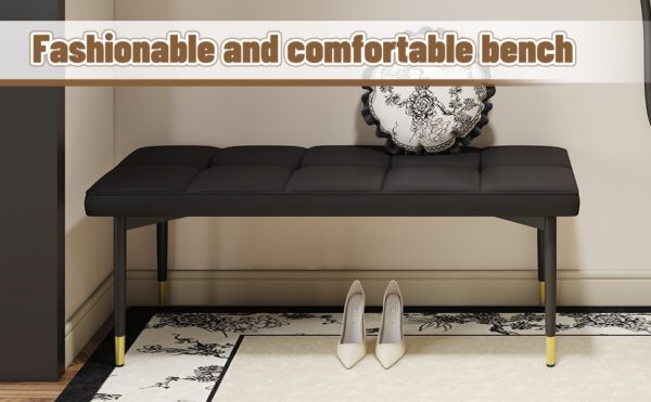 e04c2c14fd11480c85cc0c46a50df88d_a6b1adad91f0a59b75abcb04525651b6 47*16 Inch Multifunctional Black Shoe Bench - Faux PU Cushion, Sturdy Metal Legs With Gold Accents.Suitable For Bedroom,Fitting room, Storage room, Dining room, and Living room,etc.