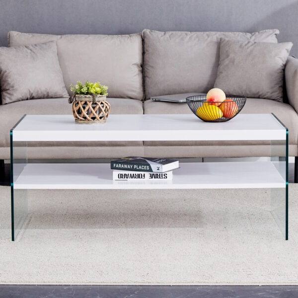 Double rectangular coffee table. The board surface is MDF, with white stickers, and both sides are transparent tempered glass. Suitable for living room, bedroom and other occasions.