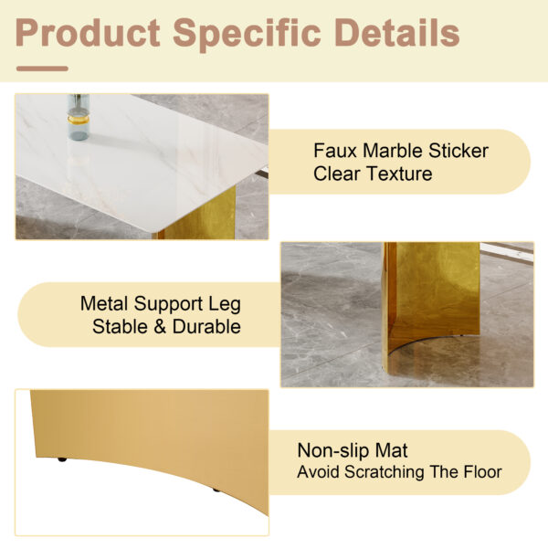 e0601bc282644c898ae7fc5a0d014ce5_32c92bf0277f669627ba32ca11288234 Modern minimalist dining table. White imitation marble glass sticker tabletop, golden table legs, stable and beautiful. Suitable for living room and dining room 63" *35.4" *30 DT-69