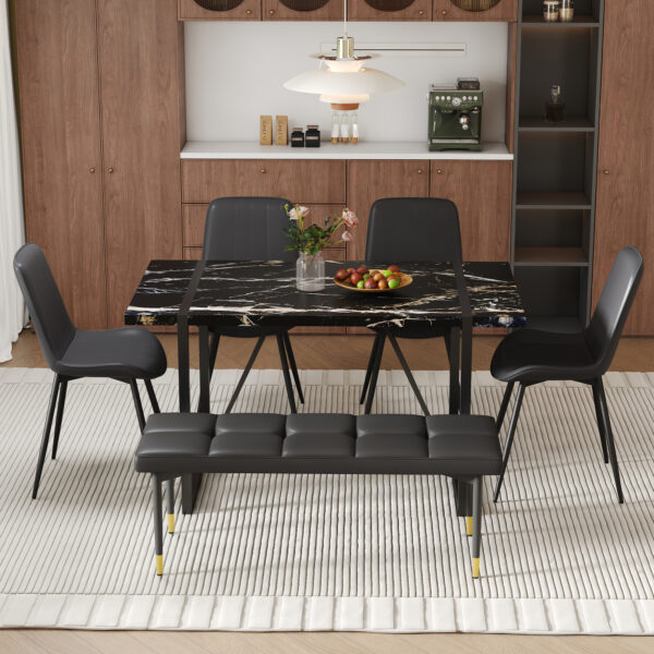 Table and chair set.Modern Black Marble Pattern MDF Dining Table Set - 55"x31.4" with 4 Extended Seat Cushion PU Dining Chairs and 1 Bench,A Choice of Subtle Luxury for Modern Homes.