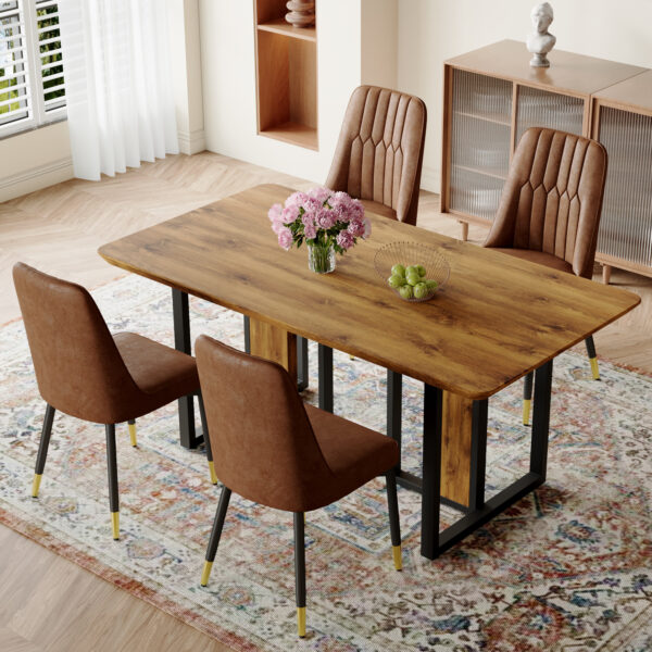 e072cd6e34da442586fa1c07ea54dd18_99825d2291d0f0415a074f161e17c447 Table and chair set.67"x36" Wood-Textured MDF Dining Table Set with 4 Brown Suede Chairs.MDF sticker,Wood colored texture sticker,Brown armless dining chair,Suitable for kitchen,Dining room,etc.